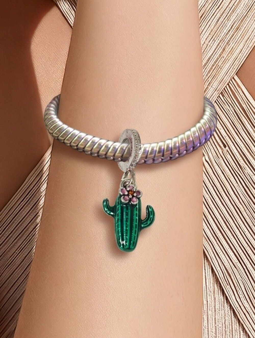 Green Cactus Pink Flower Enamel Charm Rhinestone Dangle Bracelet Pendant